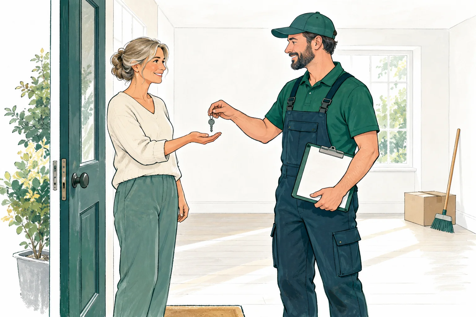 Een opdrachtgever en medewerker stemmen de sleuteloverdracht af in een lege woning.