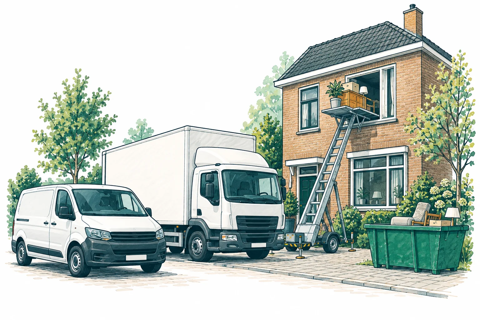 Getekende sfeerimpressie van een bus, vrachtwagen, verhuislift en container bij een woning.