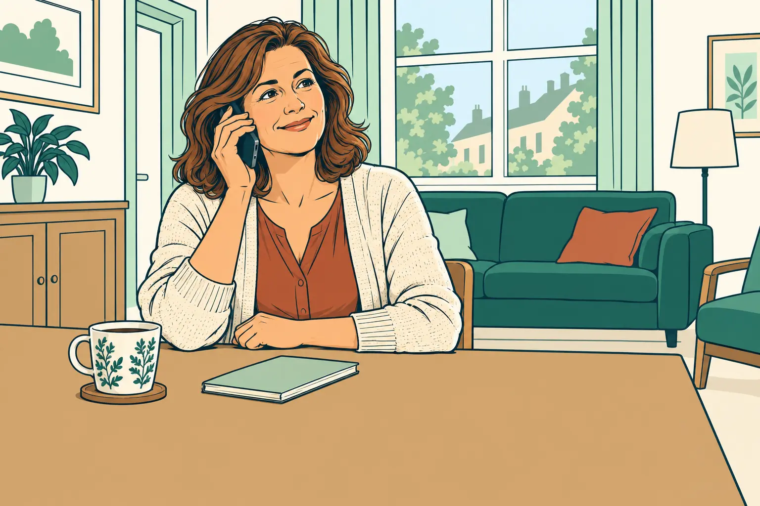 Een klant bespreekt haar ontruiming telefonisch aan de keukentafel.