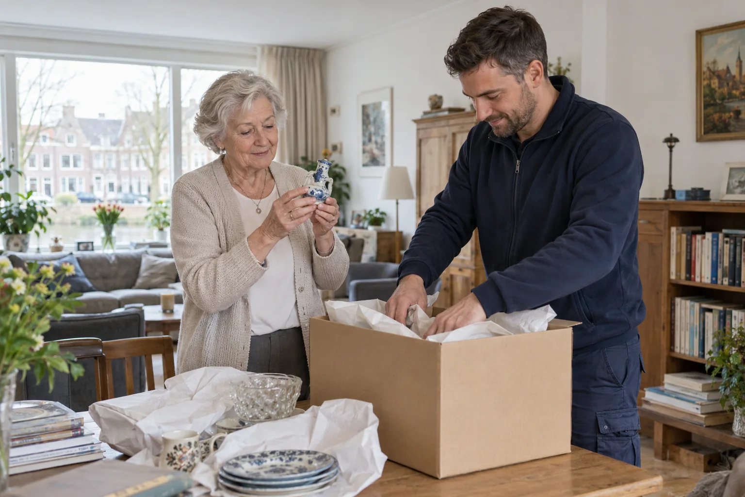 Een bewoner en een medewerker pakken persoonlijke spullen zorgvuldig in